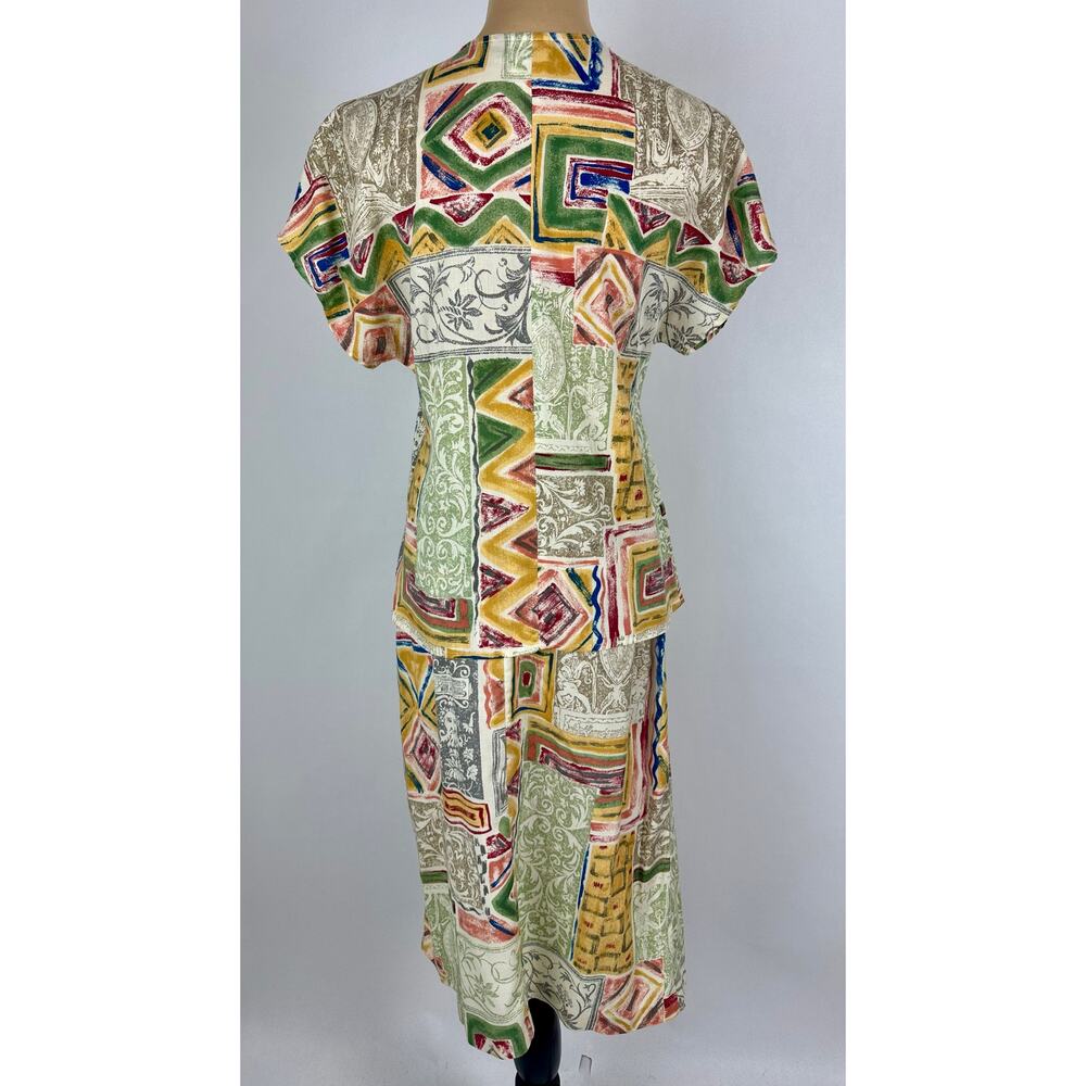 Vintage BonWorth Size Small Cotton Grecian Patchwork Skirt Set Safari Coastal - Picture 3 of 13